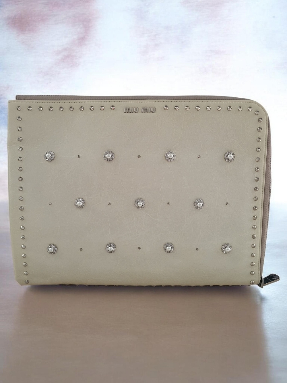 Miu Miu Ivory Studded Leather Zip Clutch
